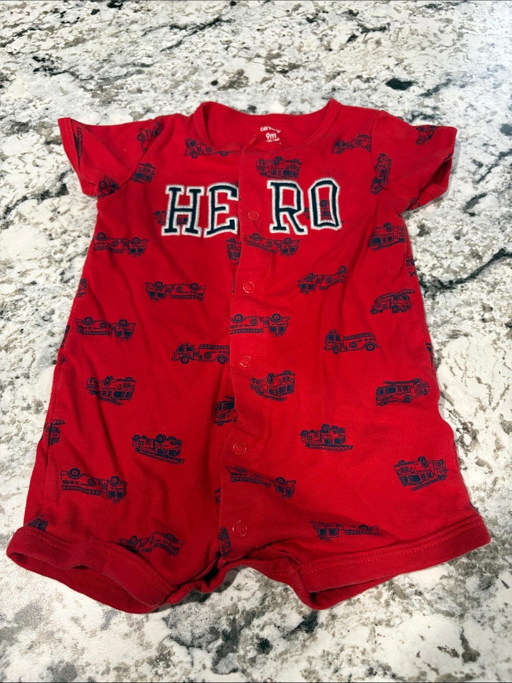 Carter's Red Short-Sleeve One-Piece with Navy Firetruck Print